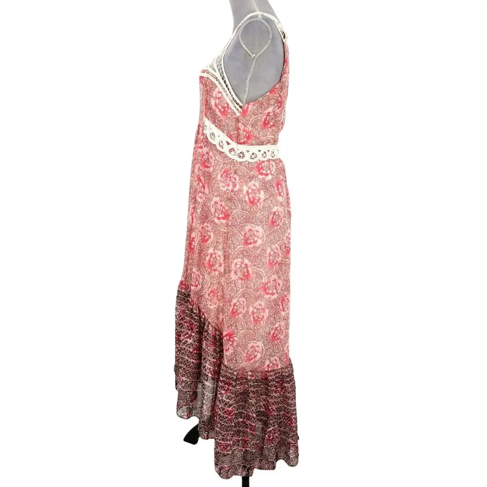 Free People Dress Womens 10 Maxi Ivory Red Pink Floral Lace Trim Lined Chiffon - Picture 10 of 13